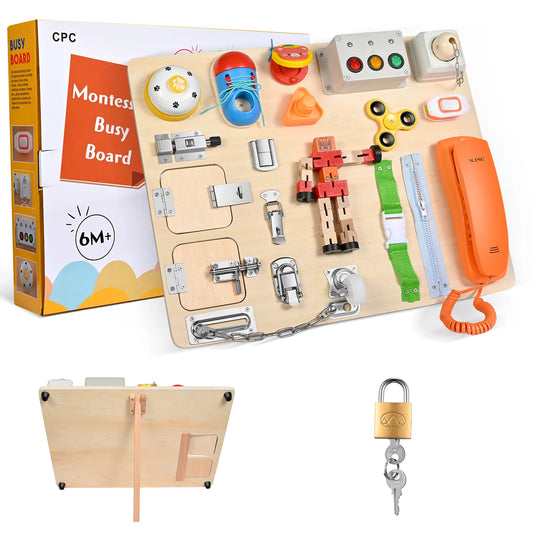 🎒 Wooden Busy Board for Kids – Montessori Educational Toy